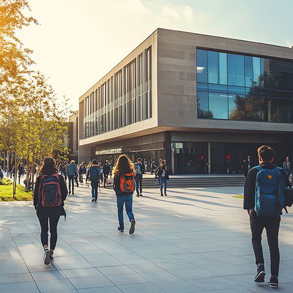 Schulgeb&auml;ude, im Vordergrund laufen Sch&uuml;lerinnen und Sch&uuml;lern 