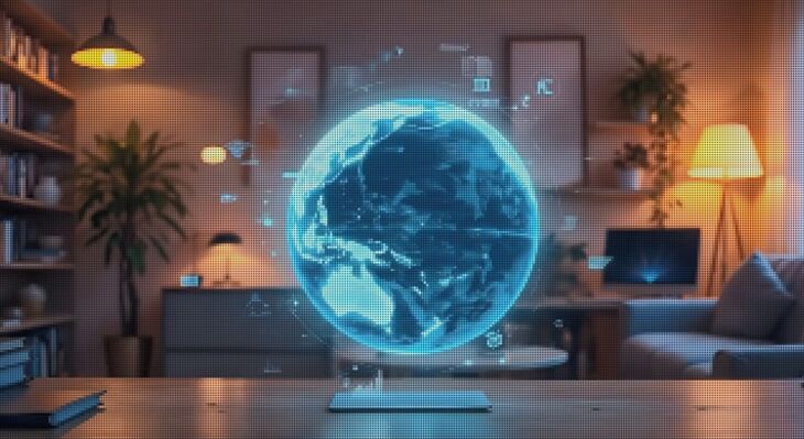 Ein digitaler Globus schwebt über einem Tisch.