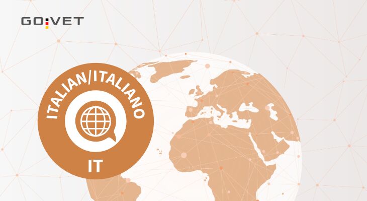 The GOVET logo and a globe in shades of orange and grey, depicting the international symbol for the Italian language