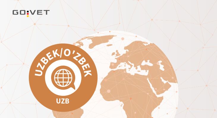 The GOVET logo and a globe in shades of orange and grey, depicting the international symbol for the Uzbekian language