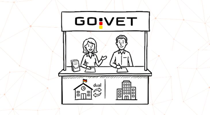 This comic-style illustration shows a woman and a man at a GOVET information stand providing guidance on dual VET system. Icons for school and company in the front highlight the combo of learning and working.
