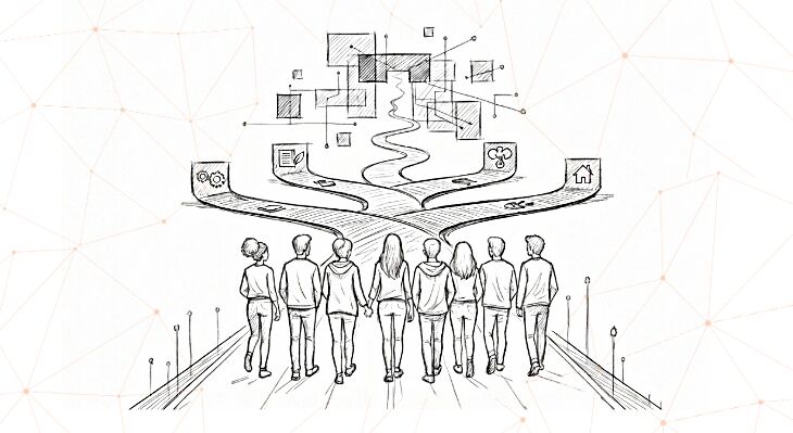 This comic-style illustration shows a group of 8 people standing together at a crossroads with multiple pathways. The graphic highlights decision-making processes and individual learning pathways in VET in Germany.