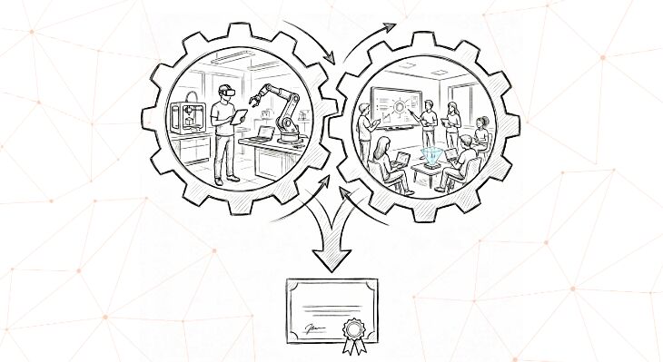 The illustration in comic-style shows two cogs representing work experience/learning (and a certificate). The certificate marks the end of a training programme.