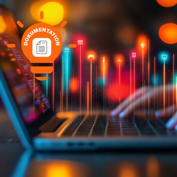 Laptop, im Hintergrund leuchtende Symbole, im Vordergrund eine Aufschrift Dokumentation 