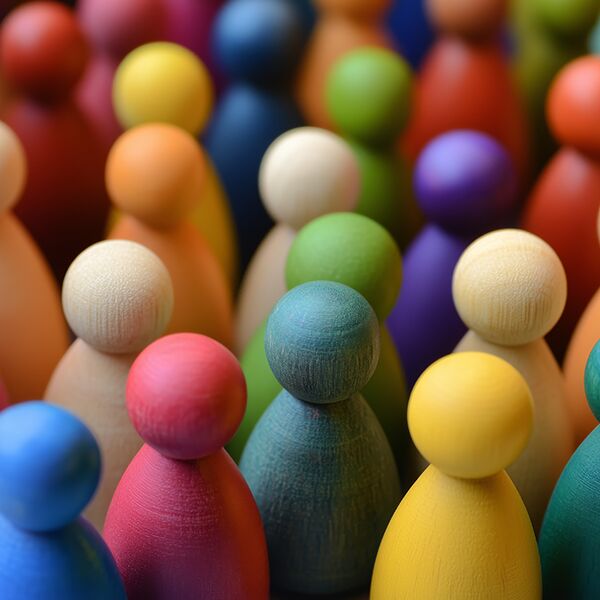 Viele Holzfiguren unterschiedlicher Farbe