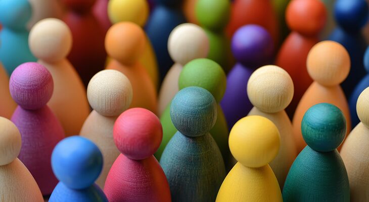 Viele Holzfiguren unterschiedlicher Farbe