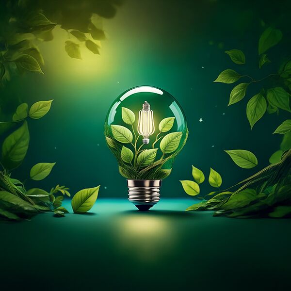 Eine Gl&uuml;hbirne umgeben von gr&uuml;nen Zweigen mit gr&uuml;nen Bl&auml;ttern