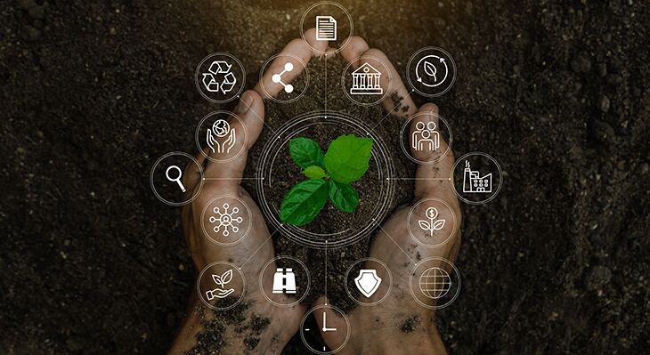  Zwei H&auml;nde halten Erde mit einer gr&uuml;nen Pflanz in der Mitte. Um die Pflanze herum sind Symbole die Nachhaltigkeit darstellen sollenpositioniert.