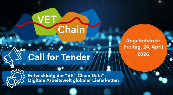 VET Chain Logo mit Aufschrift Call for Tender und im Hintergrund KI Motiv