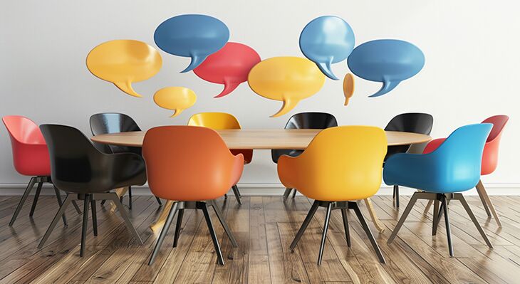 St&uuml;hle in verschiedenen Farben stehen um einen runden Tisch. &Uuml;ber dem Tisch befinden sich bunte Sprechblasen.