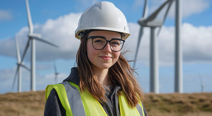Eine junge Frau in Schutzweste und wei&szlig;em Bauhelm steht vor einer Landschaft mit Windr&auml;dern