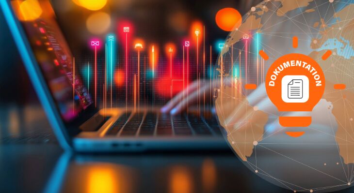 Laptop, im Hintergrund leuchtende Symbole, im Vordergrund eine Weltkugel mit Aufschrift Dokumentation