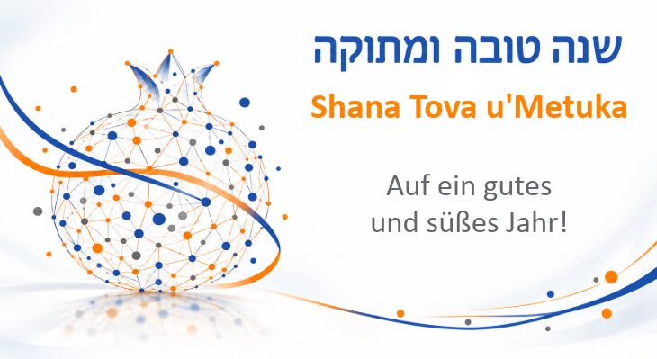 Umriss eines Granatapfels mit Punkten in Blau, Orange und Grau, die sich verbinden, als Repr&auml;sentation eines Netzwerks